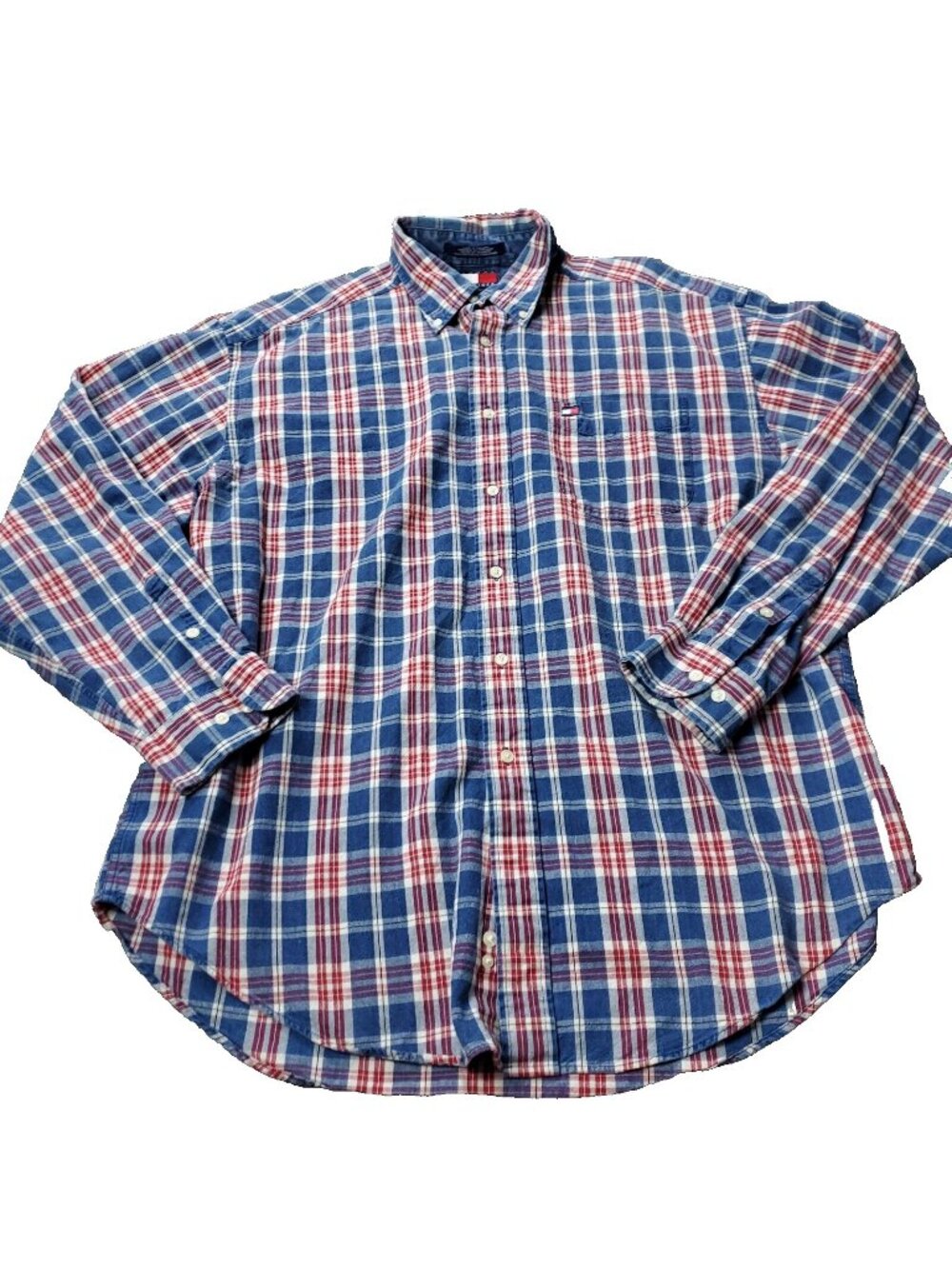 VINTAGE 90s Tommy Hilfiger Shirt Mens L Large Long Sleeve Plaid Button Red Blue